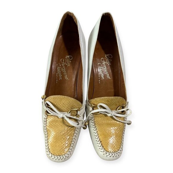 Vintage Rosina Ferragamo Schiavone Heeled Loafer Pumps,  Size 5.5, White Yellow - Picture 2 of 10